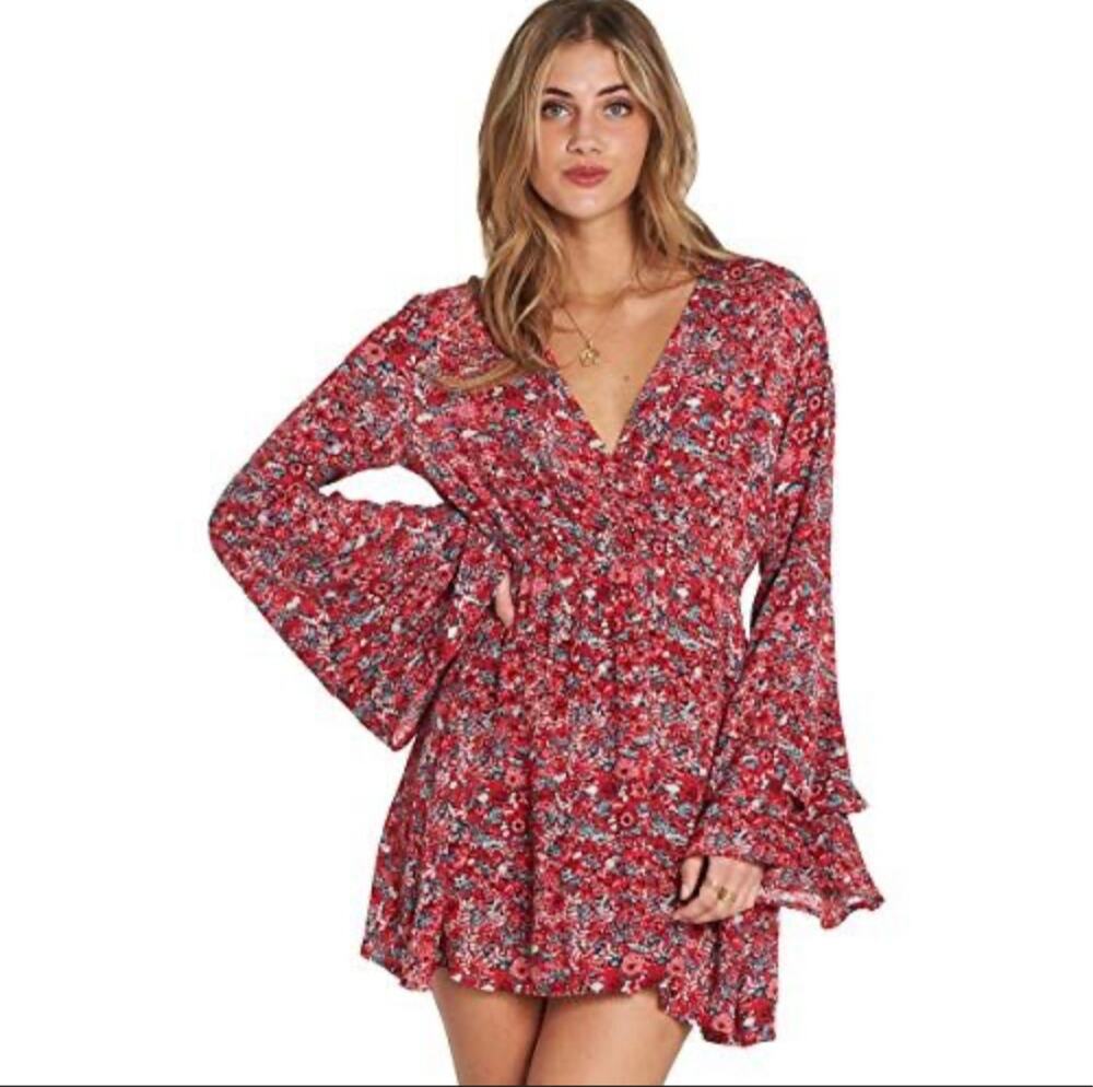 Billabong Worlds Collide Floral Bell Sleeve Mini Dress Red Boho Festival Small